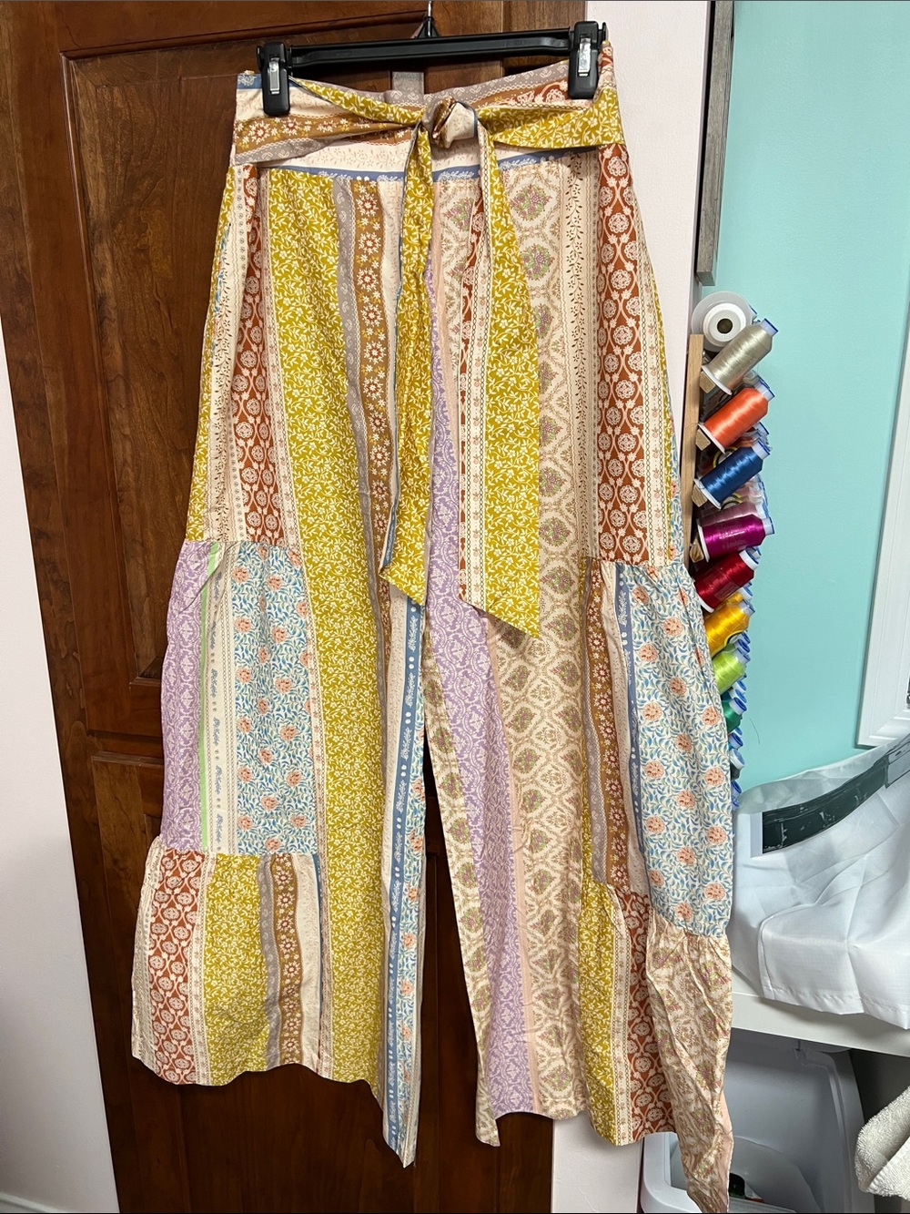 Striped Patchwork Wide-Leg Pants with Tie Waist — Multi